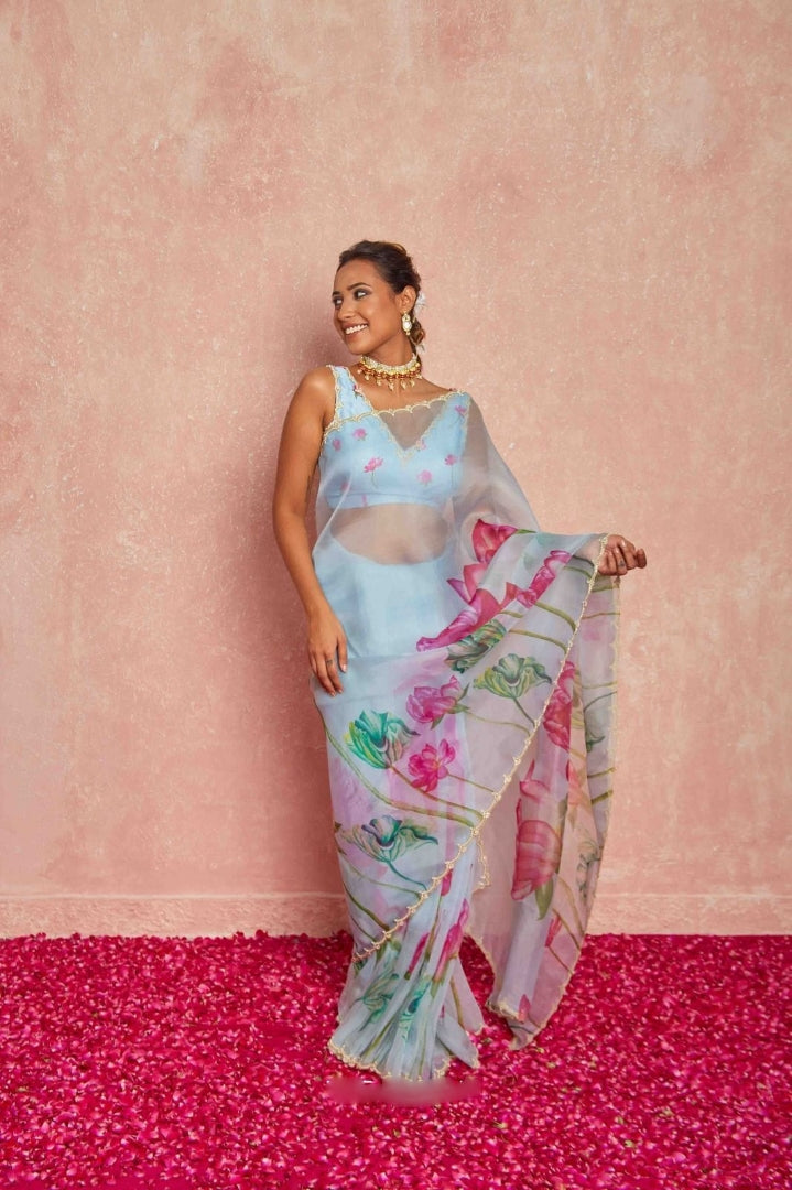 CLOVIRA 1-Minute Ready-to-Wear Tabby Organza Saree with Printed & Handwork Border | Luxurious Designer Collection