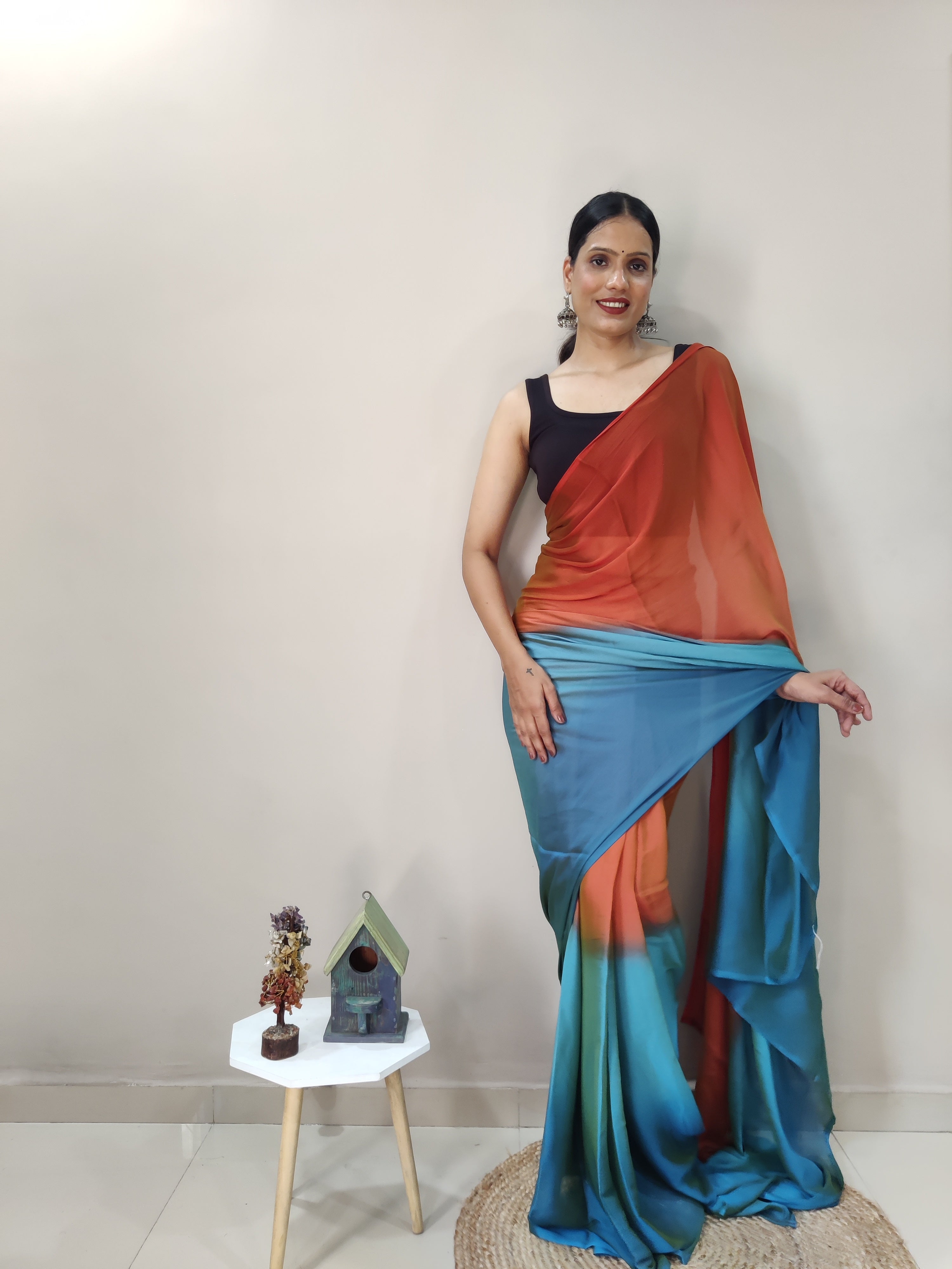 Magnificat 1-Minute Ready-To-Wear Multi-Colour Chiffon Silk Saree | Printed Design with Blouse Piece