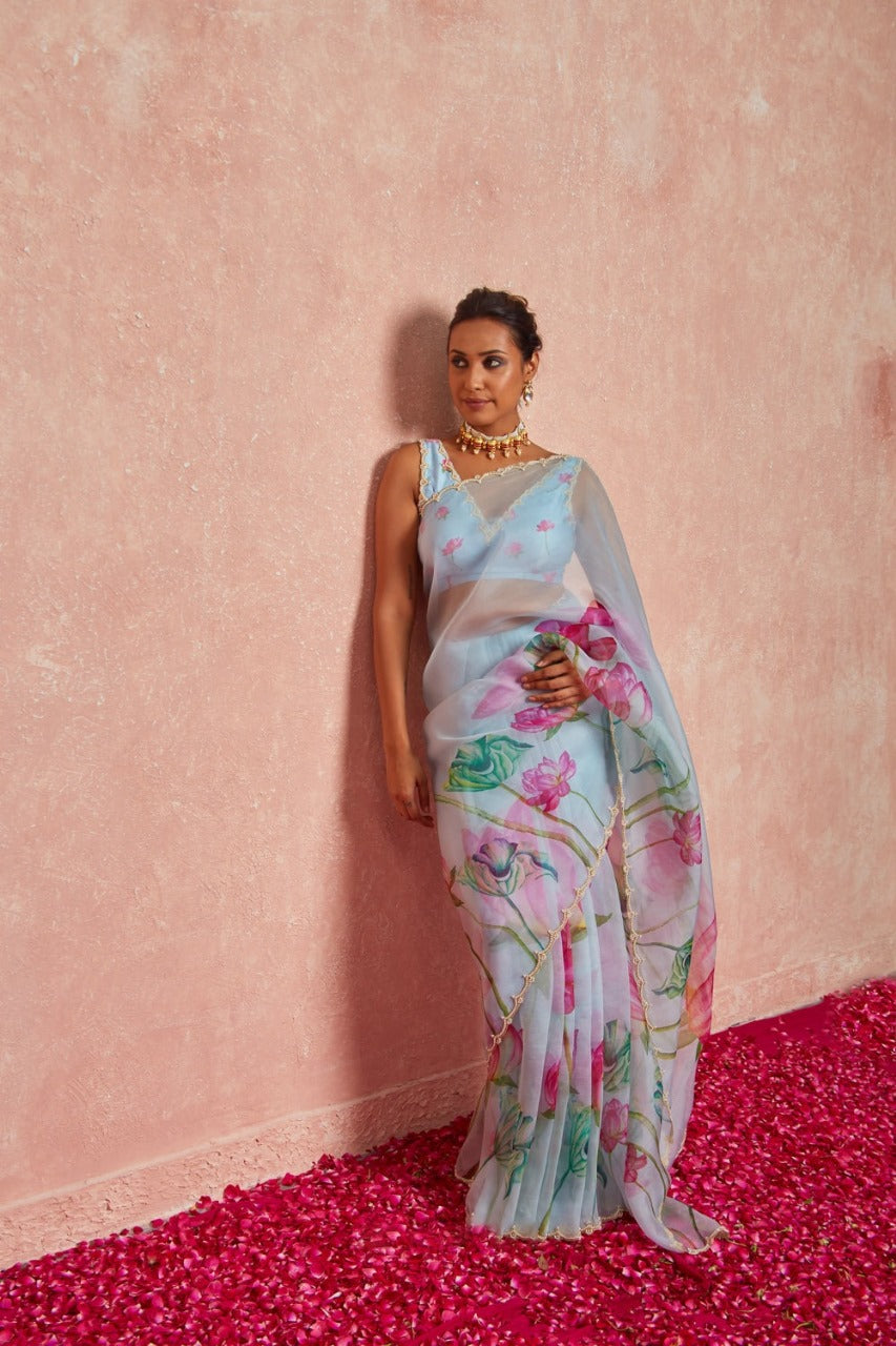 CLOVIRA 1-Minute Ready-to-Wear Tabby Organza Saree with Printed & Handwork Border | Luxurious Designer Collection