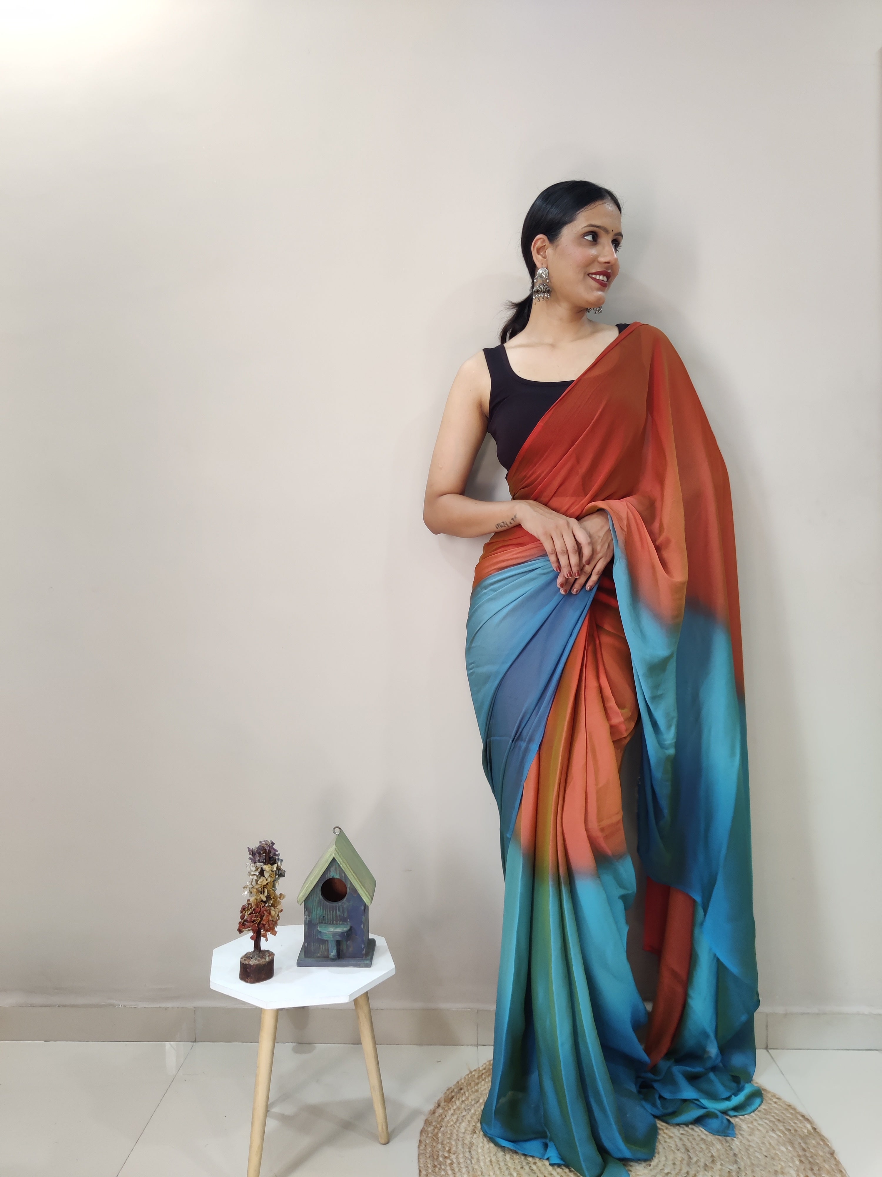 Magnificat 1-Minute Ready-To-Wear Multi-Colour Chiffon Silk Saree | Printed Design with Blouse Piece