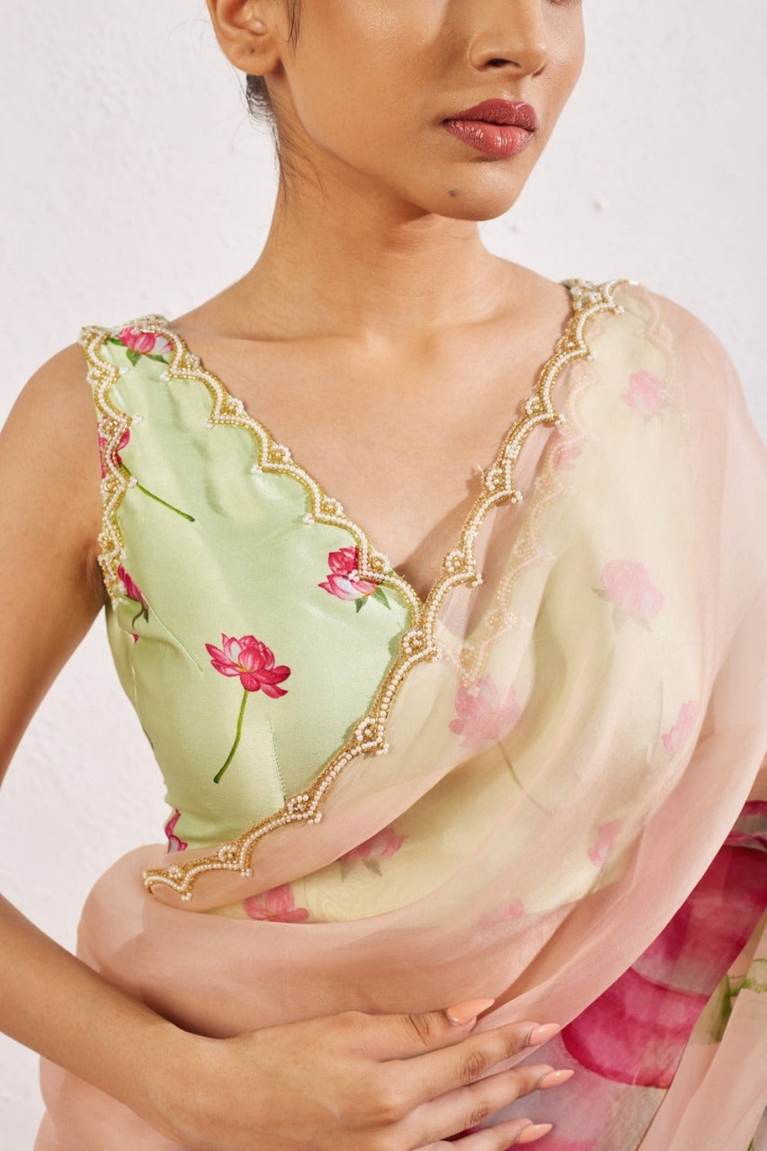 CLOVIRA 1-Minute Ready-to-Wear Tabby Organza Saree with Printed & Handwork Border | Luxurious Designer Collection