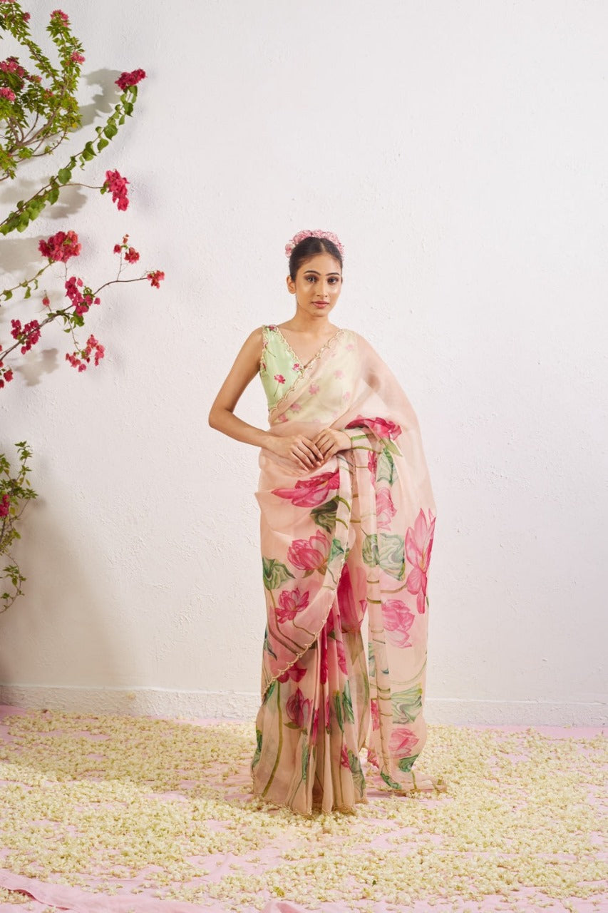 CLOVIRA 1-Minute Ready-to-Wear Tabby Organza Saree with Printed & Handwork Border | Luxurious Designer Collection