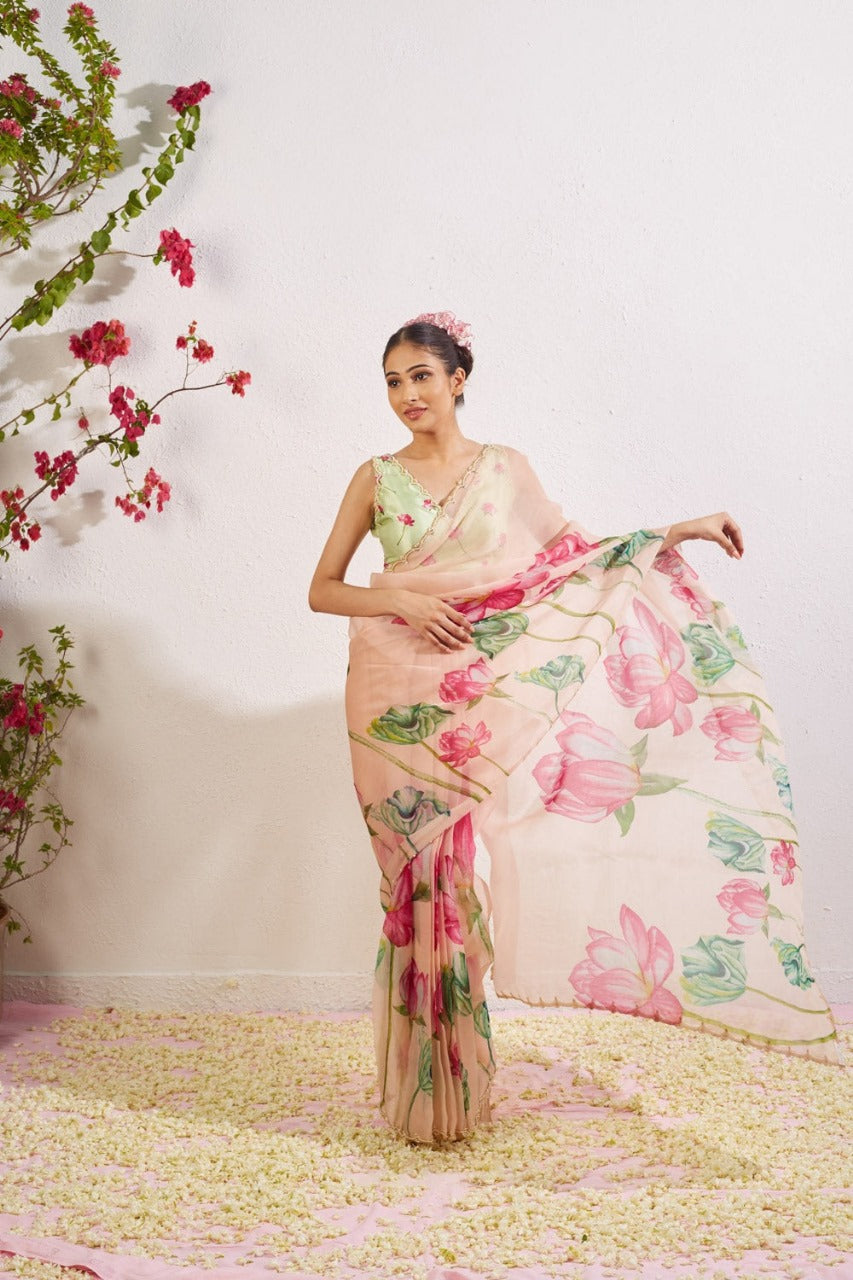 CLOVIRA 1-Minute Ready-to-Wear Tabby Organza Saree with Printed & Handwork Border | Luxurious Designer Collection