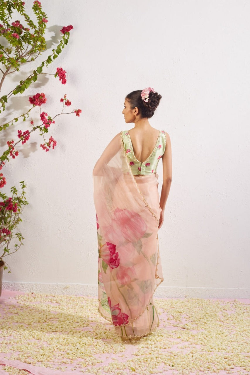 CLOVIRA 1-Minute Ready-to-Wear Tabby Organza Saree with Printed & Handwork Border | Luxurious Designer Collection