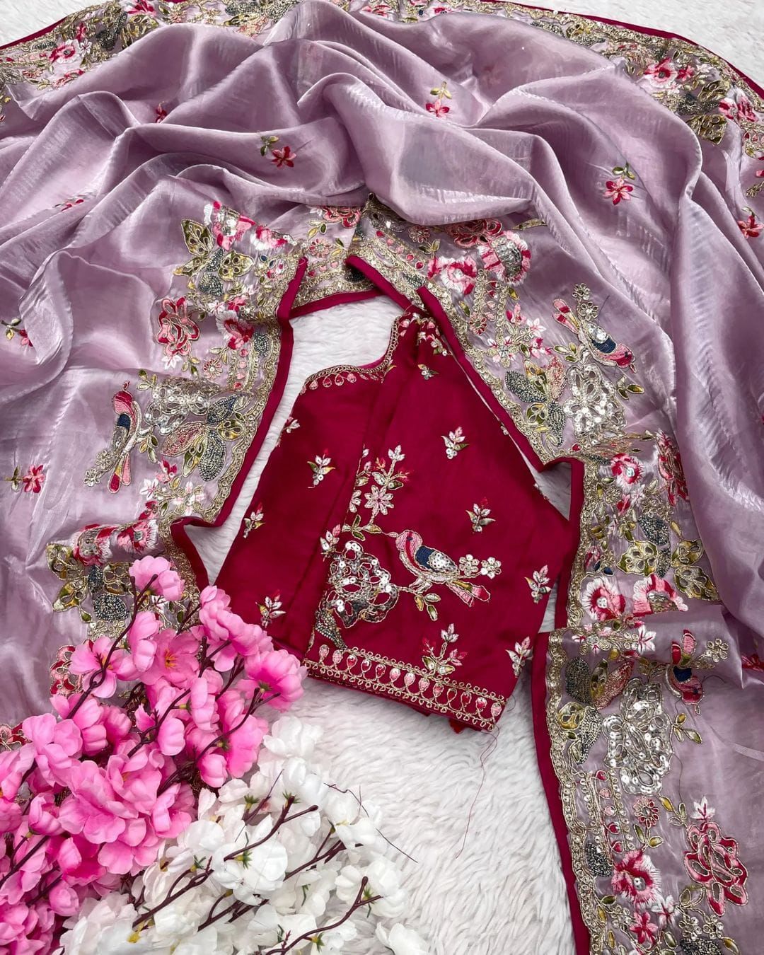 Designer Party Wear Jimichu Silk Saree with Multi, Sequence & Coding Embroidery, Cutwork Border & Blouse Piece