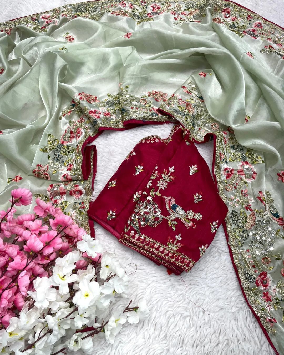 Designer Party Wear Jimichu Silk Saree with Multi, Sequence & Coding Embroidery, Cutwork Border & Blouse Piece