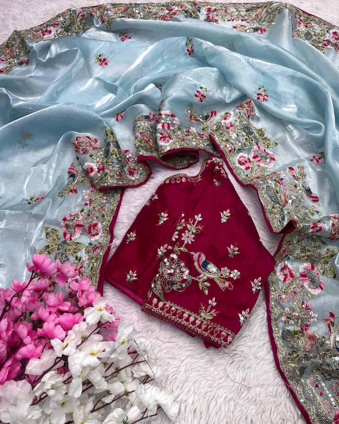 Designer Party Wear Jimichu Silk Saree with Multi, Sequence & Coding Embroidery, Cutwork Border & Blouse Piece