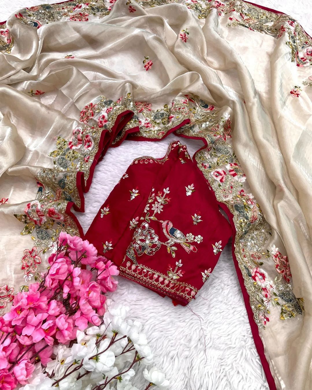 Designer Party Wear Jimichu Silk Saree with Multi, Sequence & Coding Embroidery, Cutwork Border & Blouse Piece