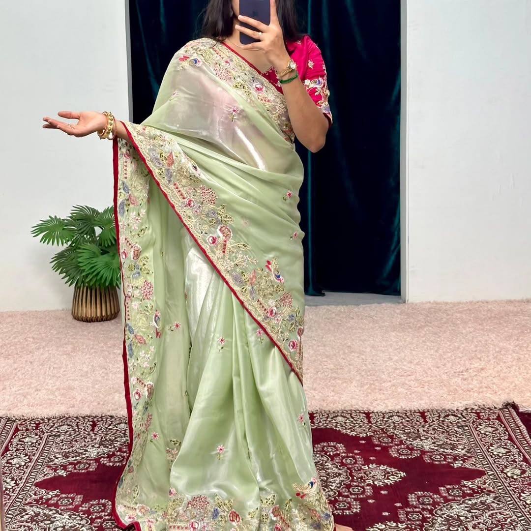 Designer Party Wear Jimichu Silk Saree with Multi, Sequence & Coding Embroidery, Cutwork Border & Blouse Piece