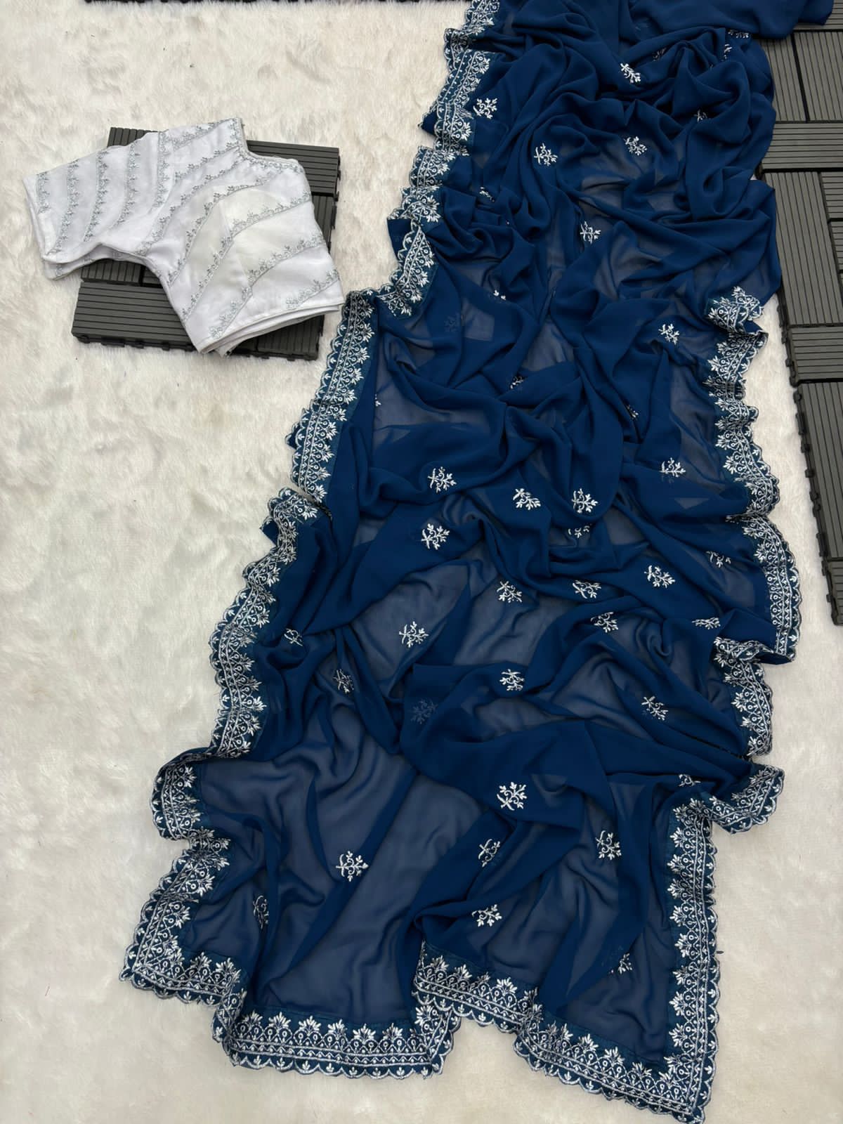 CLOVIRA Georgette Embroidered Saree in Royal Blue