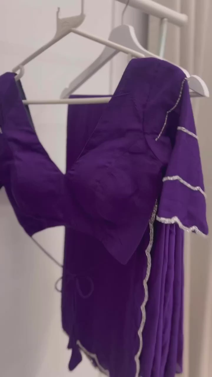 CLOVIRA Deep Violet Georgette Ready-to-Wear Saree with Stitched Violet Blouse | Elegant Designer Party Wear Collection