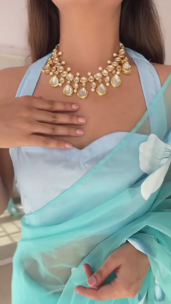 CLOVIRA Aqua Blue Pure Organza Ready-to-Wear Saree