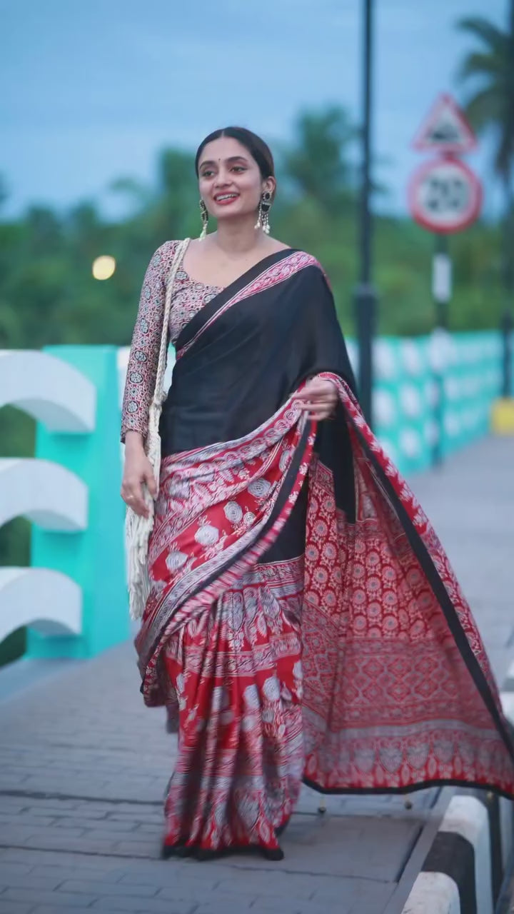 CLOVIRA Black and Blue Pure Soft Crepe Silk Ready-to-Wear Saree