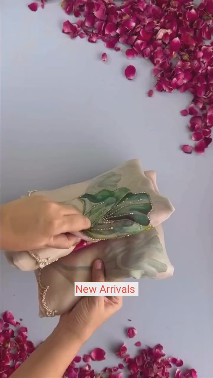 CLOVIRA 1-Minute Ready-to-Wear Tabby Organza  Saree with Printed & Handwork Border | Luxurious Designer Collection