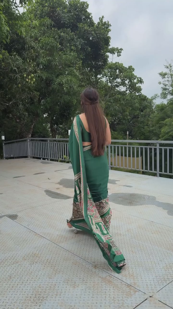 CLOVIRA Black and Green Pure Soft Crepe Silk Ready-to-Wear Saree