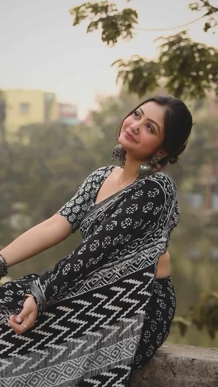 CLOVIRA Black Pure Soft Cotton Ready-to-Wear Saree