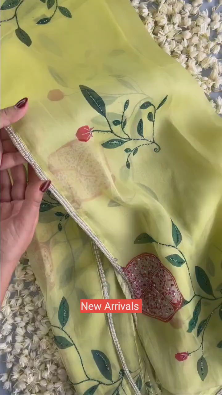 CLOVIRA 1-Minute Ready-to-Wear Organza Silk Saree with Satin Blouse | Printed & Handwork Designer Collection