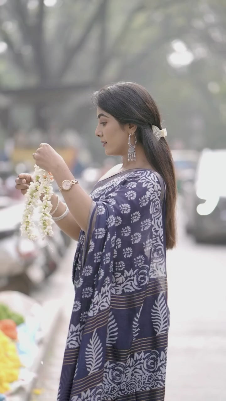 CLOVIRA Navy Blue Pure Soft Cotton Ready-to-Wear Saree