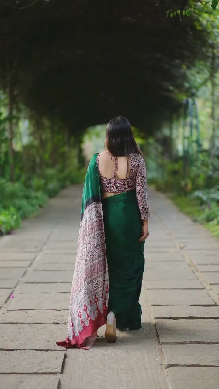 CLOVIRA Opal Green Pure Soft Crepe Silk Ready-to-Wear Saree