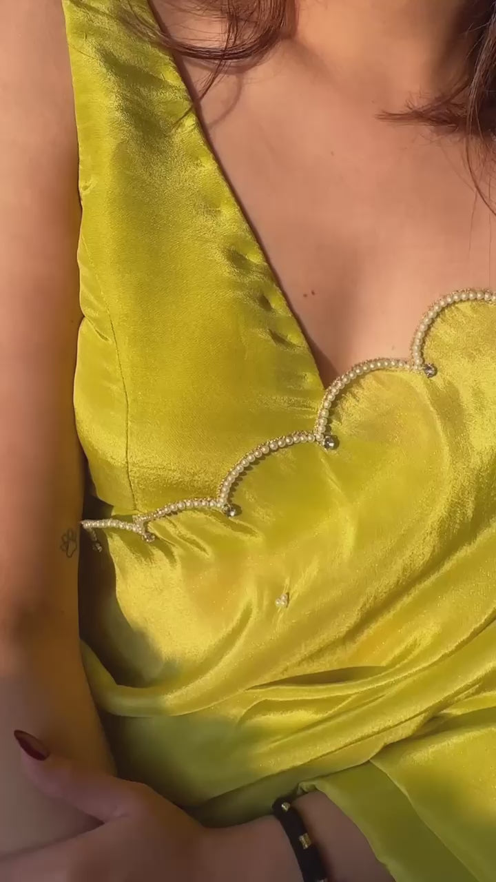 CLOVIRA Pleasurable 1-Minute Ready-To-Wear Parrot Green Chinon Silk Saree | Handwork Border with Stitched Blouse