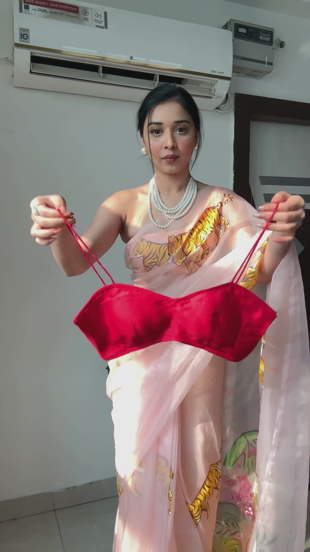 CLOVIRA Red Pure Organza Ready-to-Wear Saree