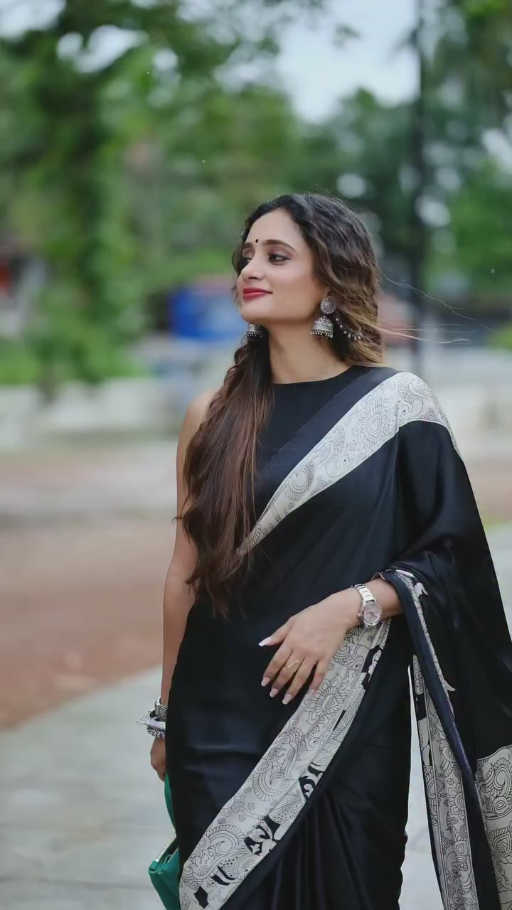 CLOVIRA Black Pure Soft Crepe Silk Ready-to-Wear Saree