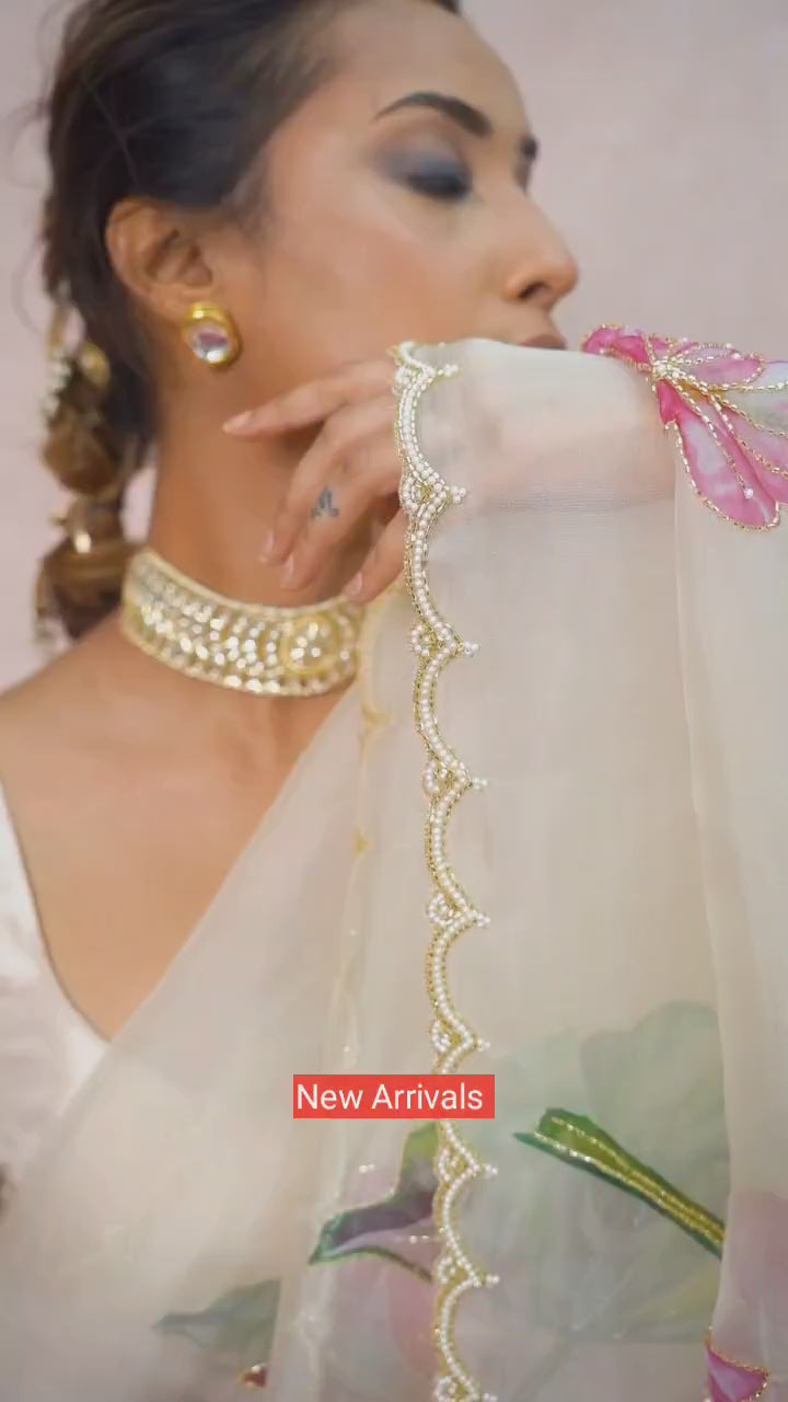 CLOVIRA 1-Minute Ready-to-Wear Tabby Organza  Saree with Printed & Handwork Border | Luxurious Designer Collection