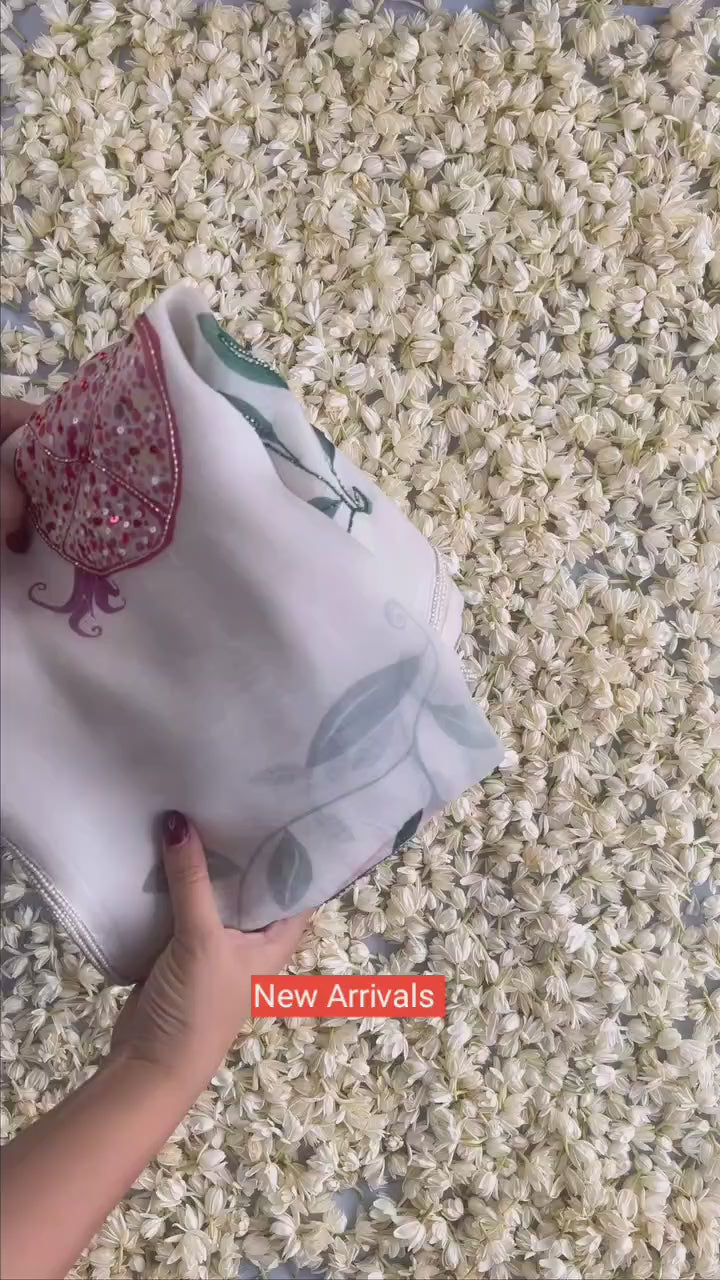 CLOVIRA 1-Minute Ready-to-Wear Organza Silk Saree with Satin Blouse | Printed & Handwork Designer Collection