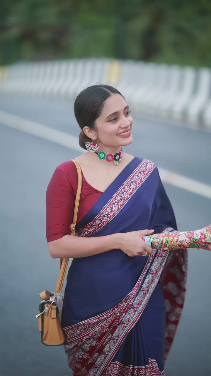 CLOVIRA Black and Blue Pure Soft Crepe Silk Ready-to-Wear Saree