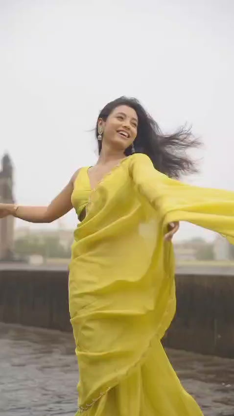 CLOVIRA Pleasurable 1-Minute Ready-To-Wear Parrot Green Chinon Silk Saree | Handwork Border with Stitched Blouse