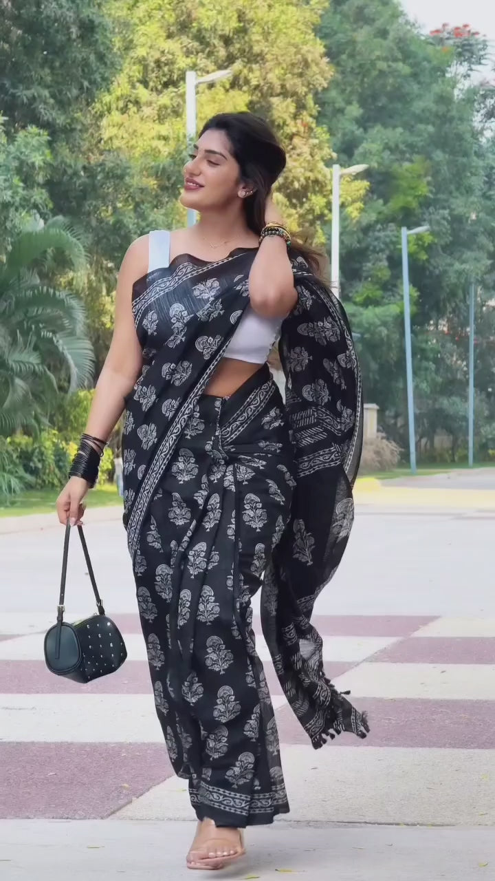 CLOVIRA Black Pure Soft Cotton Ready-to-Wear Saree