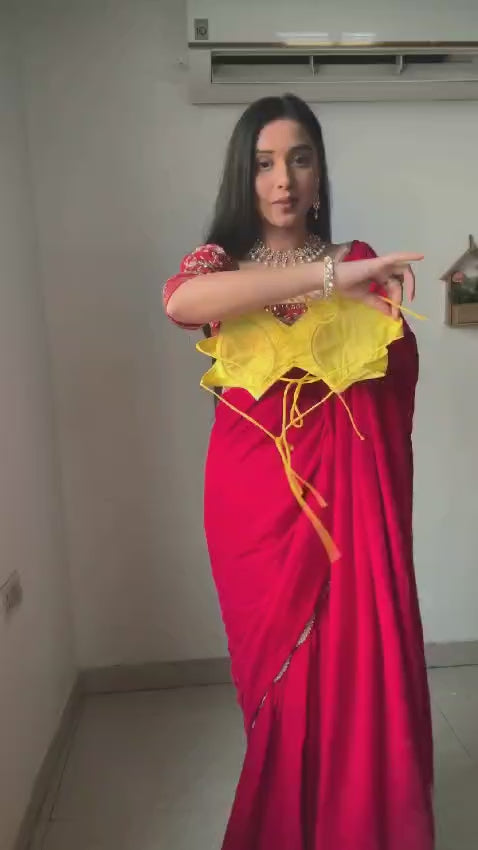 CLOVIRA Sunflower Yellow Pure Organza Ready-to-Wear Saree