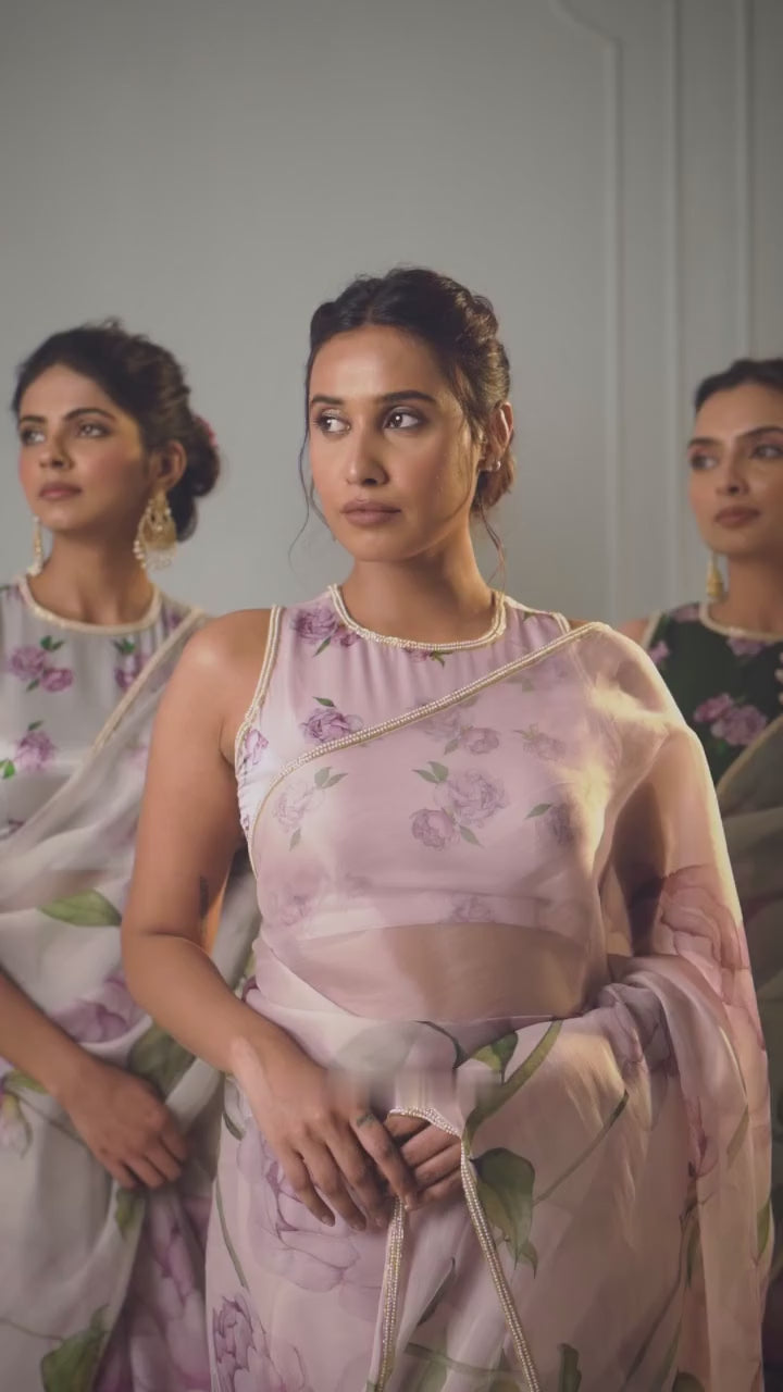 CLOVIRA Tabby Organza Ready-to-Wear Saree with Stitched Blouse | Elegant Designer Party Wear Collection