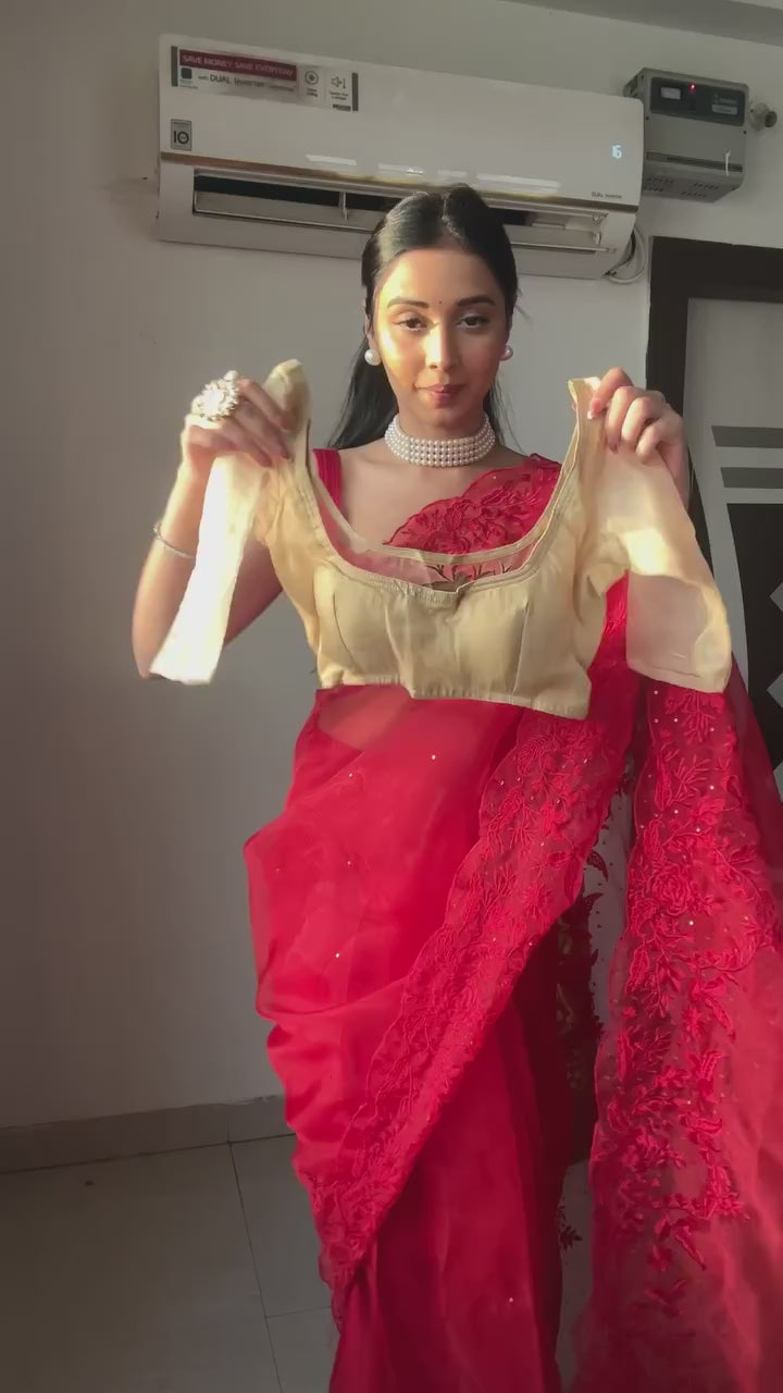 CLOVIRA Beige Pure Organza Ready-to-Wear Saree