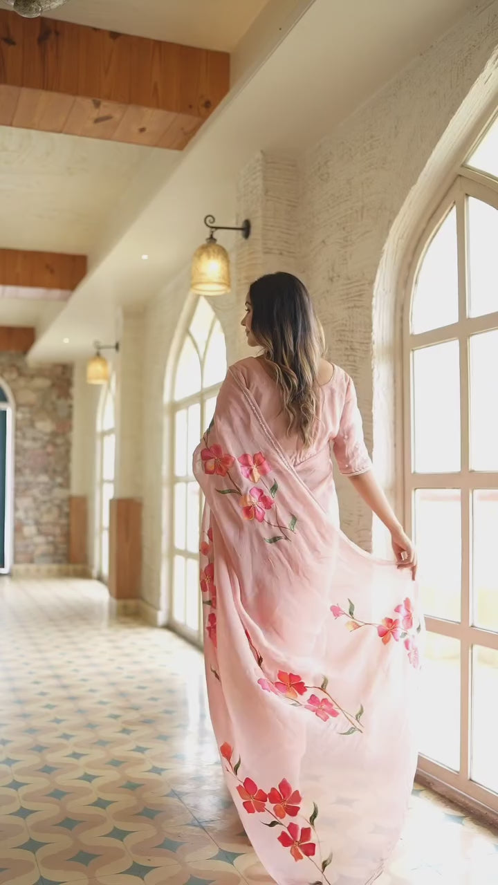 CLOVIRA Graceful 1-Minute Ready-To-Wear Peach Georgette Silk Saree | Printed & Handwork Border with Stitched Blouse