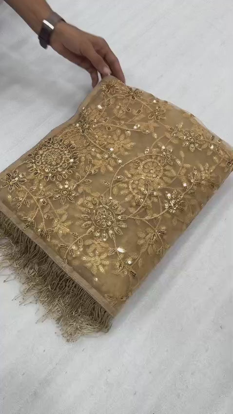 CLOVIRA Heavy Mono Net Saree with 5MM Multy & Sequins Embroidery Work