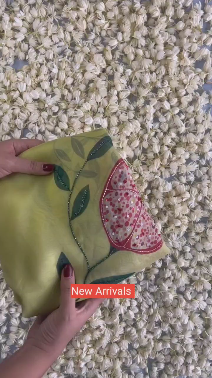 CLOVIRA 1-Minute Ready-to-Wear Organza Silk Saree with Satin Blouse | Printed & Handwork Designer Collection