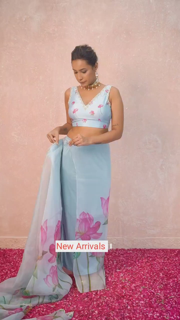 CLOVIRA 1-Minute Ready-to-Wear Tabby Organza Saree with Printed & Handwork Border | Luxurious Designer Collection