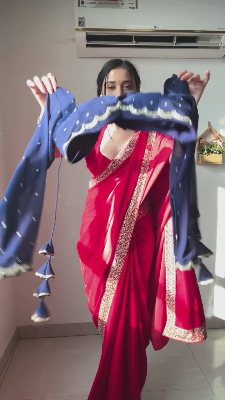 CLOVIRA Elegant Georgette Ready-to-Wear Saree with Handwork Border & Stitched Blouse | Effortless Designer Draping Collection