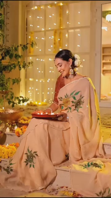 CLOVIRA Graceful Ready-To-Wear Peach Georgette Silk Saree | Embroidery & Handwork Border with Stitched Blouse