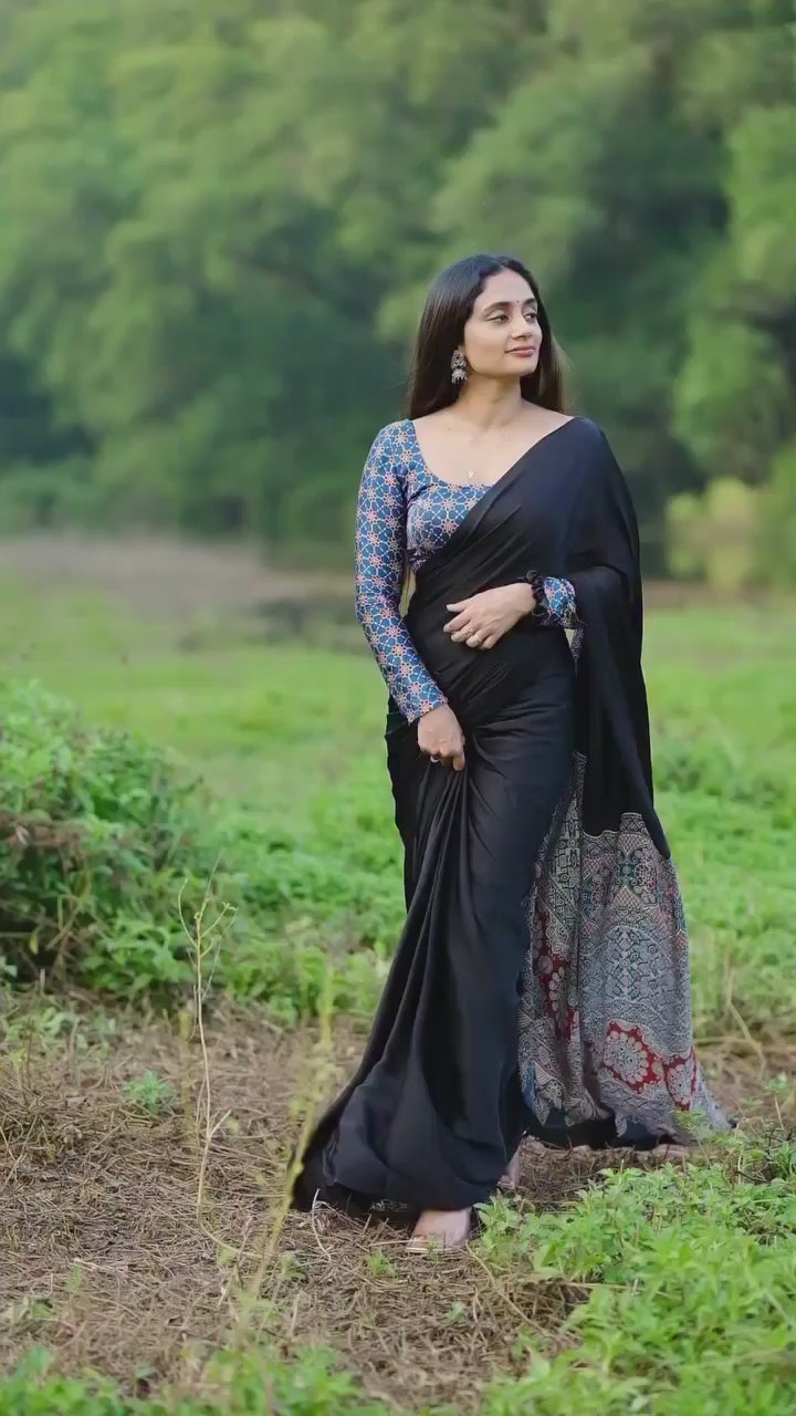 CLOVIRA Black Pure Soft Crepe Silk Ready-to-Wear Saree