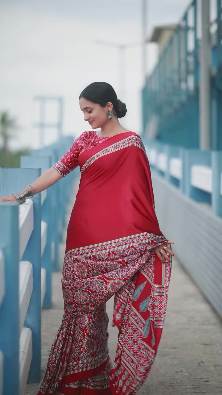 CLOVIRA Red Pure Soft Crepe Silk Ready-to-Wear Saree